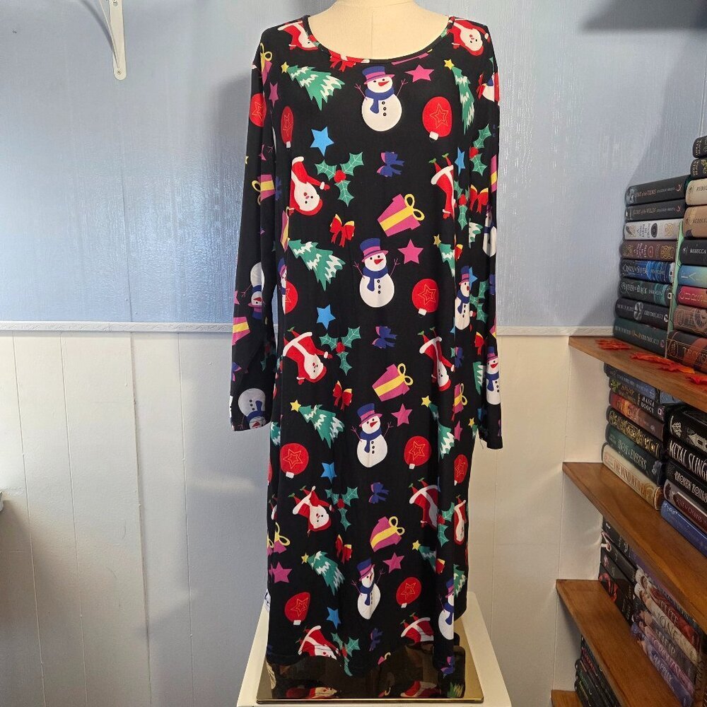 20W Black Red Christmas Santa Holiday Print Longsleeve Midi Dress with Pockets